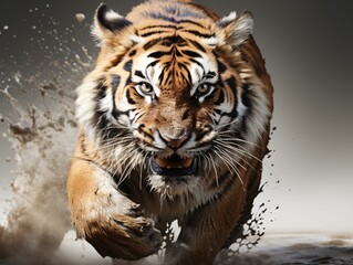 Naklejka premium Portrait of a Ferocious Tiger Running Over the Mud