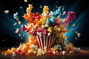 bucket of popcorn in the cinema exploding - obrazy, fototapety, plakaty