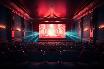 Cinema with screen in blue and pink neon light, retro look - obrazy, fototapety, plakaty