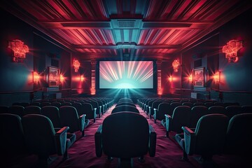 Cinema with screen in blue and pink neon light, retro look