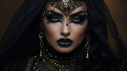 Persian arab warrior in heavy goth makeup, smokey eye shadow, black dark lipstick, piercings 