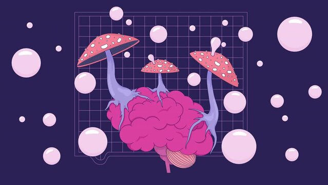 Blowing bubbles trippy mushrooms on brain lo fi animated cartoon background. Fungus affecting organ 90s retro lofi live wallpaper animation. Hallucinogenic color chill scene 4K video motion graphic