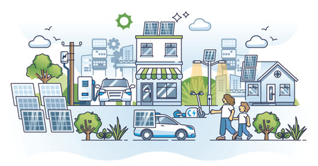 Solar energy revolution and sun panels development in city outline concept. Effective green power for urban city lighting, infrastructure, EV charging and electricity supply vector illustration. - obrazy, fototapety, plakaty