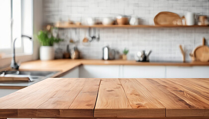 Fototapeta na wymiar Wooden Table Against Blurred Kitchen Counter Background