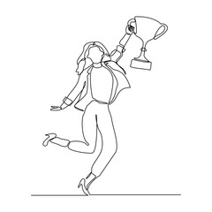 Continuous single line sketch drawing of business woman successful achievement goal holding trophy reward. one line vector illustration success leader employee corporate celebration