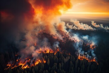 Fototapeta na wymiar Aerial view of a burning forest. Wildfire, global warming and climate change concept.