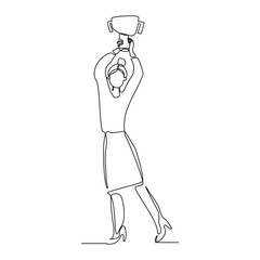 Continuous single line sketch drawing of business woman successful achievement goal holding trophy reward. one line vector illustration success leader employee corporate celebration