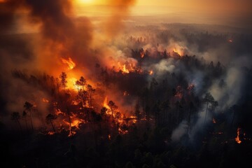 Fototapeta na wymiar Aerial view of a burning forest. Wildfire, global warming and climate change concept.