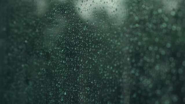 Rain drops on window glass surface. Abstract water droplets on transparent glass. Storm weather concept. Green trees outside the wet window on rainy evening