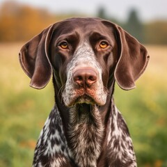 German Shorthaired Pointer dog portrait on a sunny summer day. Closeup portrait of a purebred German Shorthaired Pointer dog in the field. Outdoor Portrait of a beautiful dog in summer field.