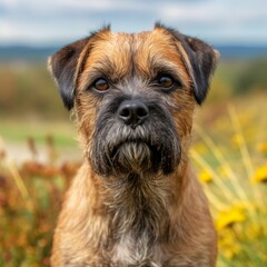 Border Terrier dog portrait on a sunny summer day. Closeup portrait of a purebred Border Terrier dog in the field. Outdoor Portrait of a beautiful dog in summer field. AI generated.