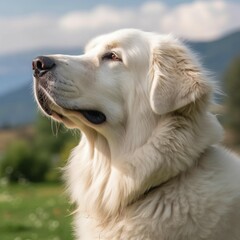 Great Pyrenees dog portrait on a sunny summer day. Closeup portrait of a purebred Great Pyrenees dog in the field. Outdoor Portrait of a beautiful dog in summer field. AI generated.