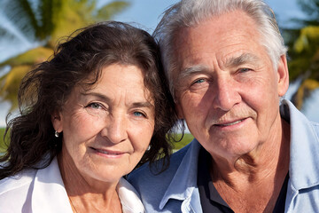 Smiling aged man and woman on the sea beach against the backdrop of ocean waves. Loving elderly couple. Happy old age. Generative AI