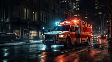 An ambulance driving through the city at night.