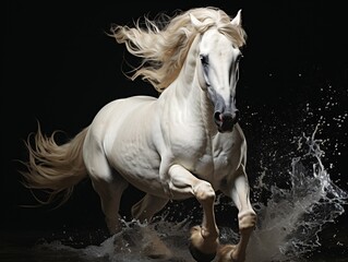Fototapeta premium Strong White Horse Galloping with Water Splashes on Black Background