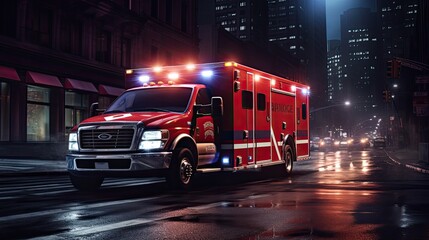 An ambulance driving through the city at night.