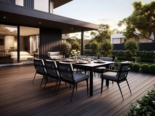 Modern terrace with large dining table and wooden floor in front of house generative ai