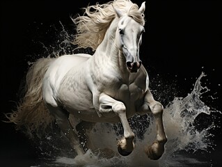 Obraz na płótnie Canvas Strong White Horse Galloping with Water Splashes on Black Background