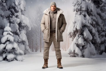 Full-length man in warm winter clothes. Concept of winter and cold