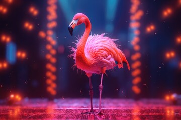 Pink flamingo standing in neon lights. Light crimson and dark azure neon colors, close-up. Exotic illustration.