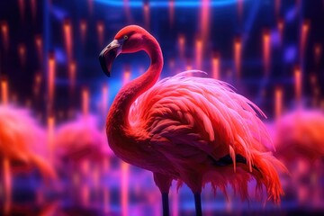 Pink flamingo standing in neon lights. Light crimson and dark azure neon colors, close-up. Exotic illustration.