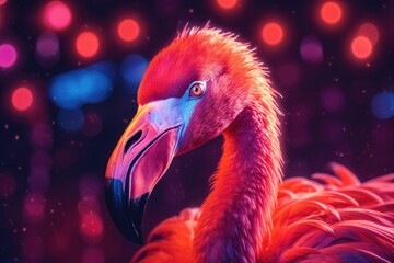 Pink flamingo standing in neon lights. Light crimson and dark azure neon colors, close-up. Exotic illustration.