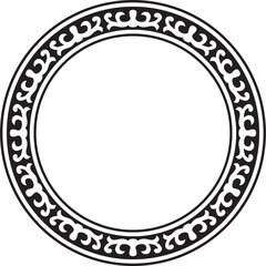 Vector black monochrome round Kazakh national ornament. Ethnic pattern of the peoples of the Great Steppe, Mongols, Kyrgyz, Kalmyks, Buryats. circle, frame border..