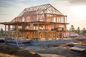 Obraz premium Unfinished house during construction work. New home and real estate concept.