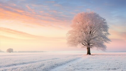 Fototapeta na wymiar Snow-covered tree against a pink sunrise sky.