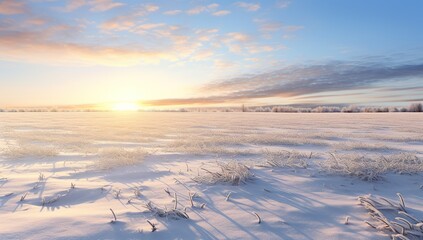 Fototapeta na wymiar Snow-covered field at sunset with bright sun and clouds.