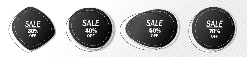 A set of black price tags with a sale for Black Friday on a white background. Special offer or discount labels when buying. Retail paper stickers. Vector EPS10.