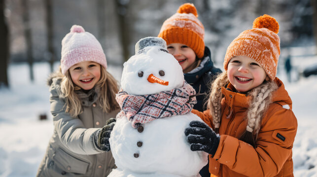 Snowy Playtime Joy: Three Children Building a Snowman with Laughter and Smiles in a Winter Landscape
