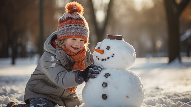 Winter Fun: Happy Little Boy Building a Snowman in a Snow-Covered Landscape