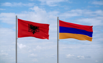 Armenia and Albania flags, country relationship concept