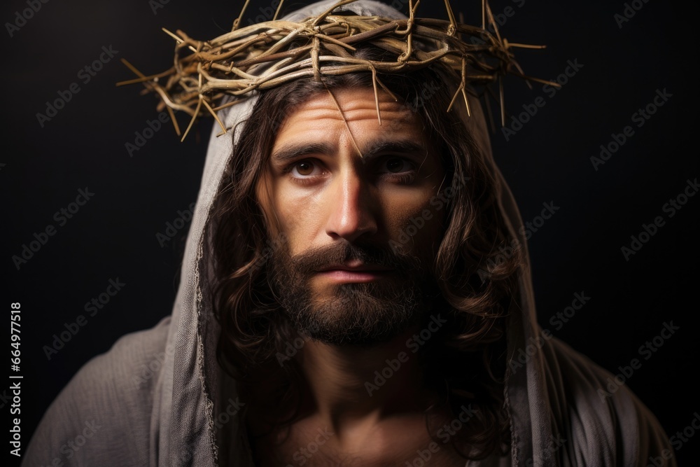 Sticker photorealist image of jesus christ with a crown of thorns