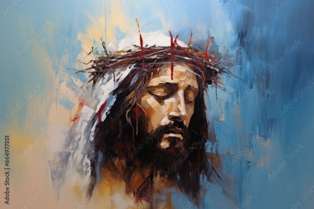 Poster oil painting of jesus christ with a crown of thorns