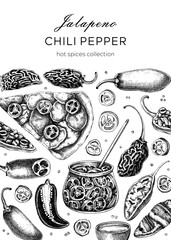  Mexican cuisine menu restaurant design template. Ripe jalapeno chili pepper sketches. Hot spices, vegetarian, healthy food hand drawn vector illustration. Jalapeno with slices and seeds for packaging