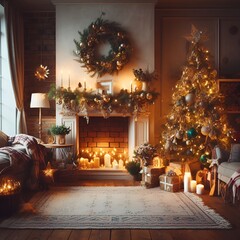 New Year's interior with fireplace and Christmas tree cozy Christmas atmosphere