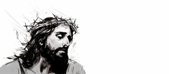Black and white watercolor illustration of Jesus Christ with a crown of thorns with copy space