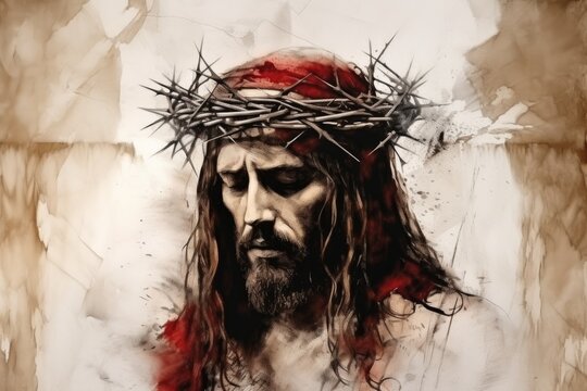 Watercolor illustration of Jesus Christ with a crown of thorns with copy space
