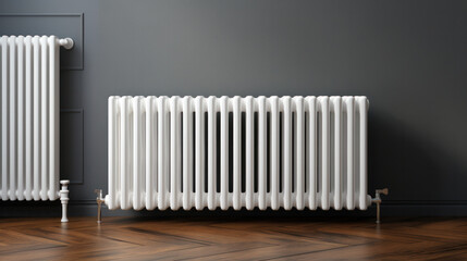 white heating radiator hanging on the wall in the living room, close-up