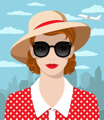 1425_Beautiful redhead traveler woman wearing dark sunglasses and classic dress