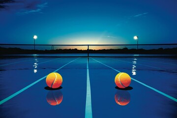 Five balls on a blue paddle tennis court at twilight, racket sports scene. Generative AI - obrazy, fototapety, plakaty