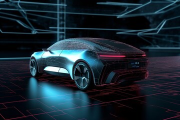 futuristic electric car with a holographic wireframe digital technology, Electric Vehicle