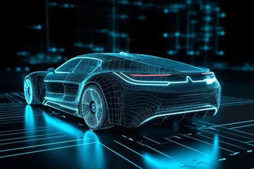 Fotobehang futuristic electric car with a holographic wireframe digital technology, Electric Vehicle © sid