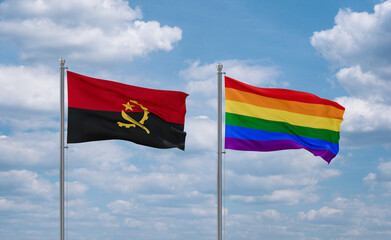 Gay Pride and Angola flags, country relationship concept