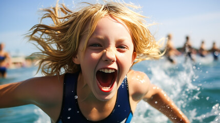 Blonde emo teen celebrating after swim race outdoors.