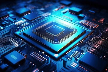 Futuristic central processor unit. Powerful Quantum CPU motherboard. - obrazy, fototapety, plakaty