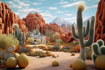 Unreal basketball play amidst a desert landscape featuring mountains and cacti. Generative AI