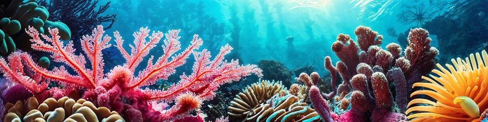 Fototapeta na wymiar Horizontal banner with ocean reef with colorful tropical corals and sunlight streaming through the sea water. Underwater world beauty illustration. Generative AI